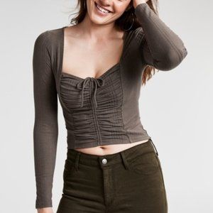 GUESS Cory Ruched Long Sleeve Crop Top XS Gray New